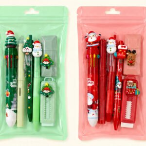 6pcs Christmas Santa Claus Plastic Multi Color Ballpoint Pens Eraser Pencil Set Student 1.0mm Writing Width Gift